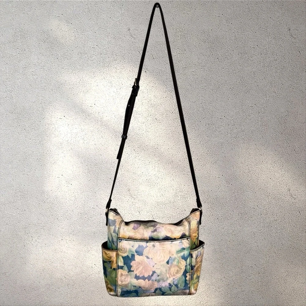 PATRICIA NASH AVELEY Blue Sky Rose Print GENUINE LEATHER CROSSBODY HANDBAG